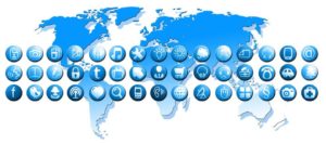 Multiple icons in front of a blue global map.
