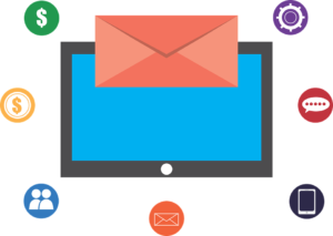 Screen with varios email-related icons that convey common email marketing mistakes