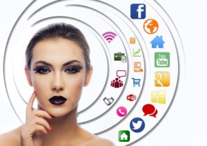 Woman with diverse social channel icons besides her.