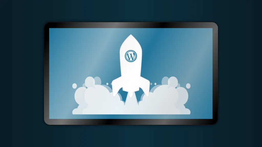 Icon of rocket with WordPress logo on it.