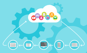A cartoonish image showing different devices that are connected to the cloud.