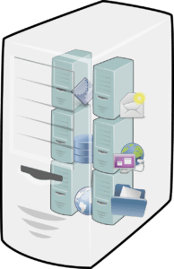 A computer divided into several virtual machines with different tasks.
