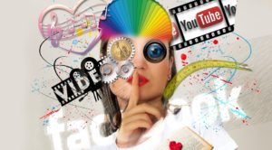 A girl surrounded by different aspects of advertizing like Youtube, video, colors, Facebook, etc.