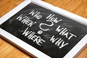 A blackboard whit words how, what, why, where, when, who.