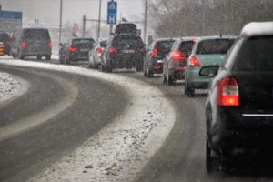 A traffic jam on a snowy road.