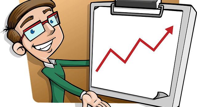 A drawing of a person showing a success chart with the arrow pointing up.