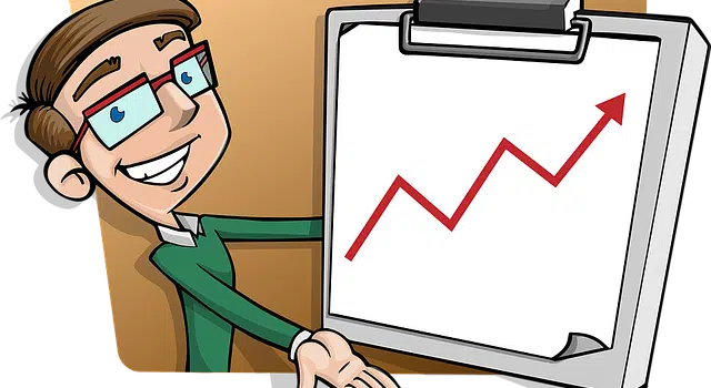 A drawing of a person showing a success chart with the arrow pointing up.