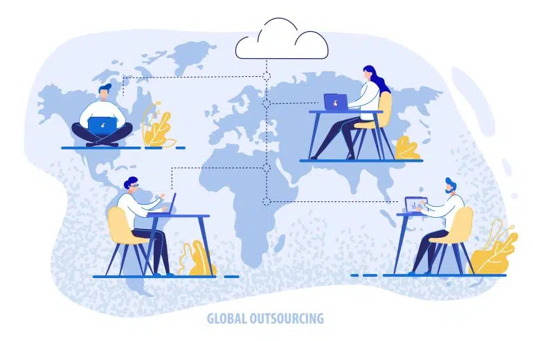 Illustration of outsourcing across the globe.