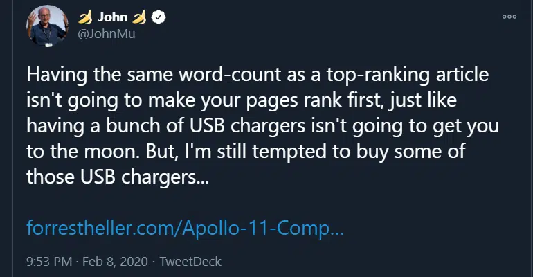 John Mueller's tweet on the topic of word count as a ranking factor.