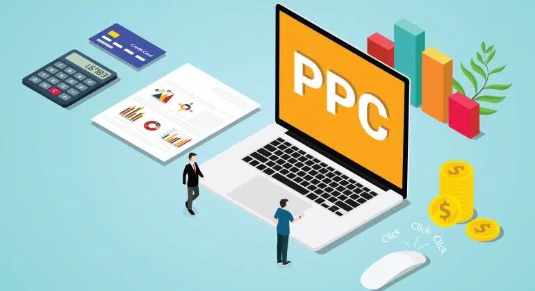 PPC on laptop screen, with people working all around it.