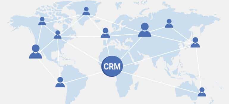Illustration of CRM connecting people on global map.
