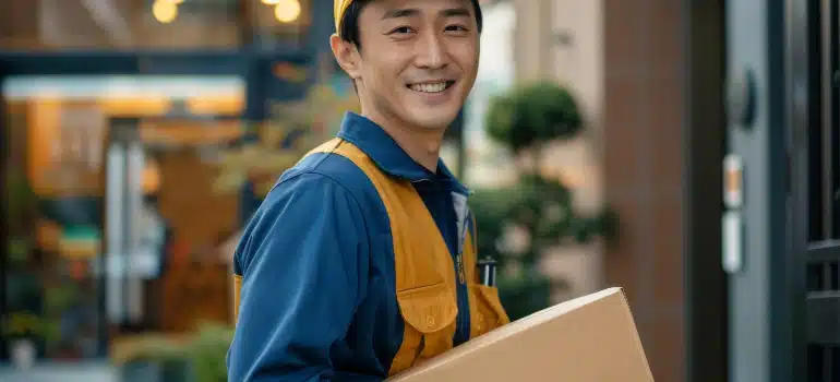 A man holding a box with an orange vest. 